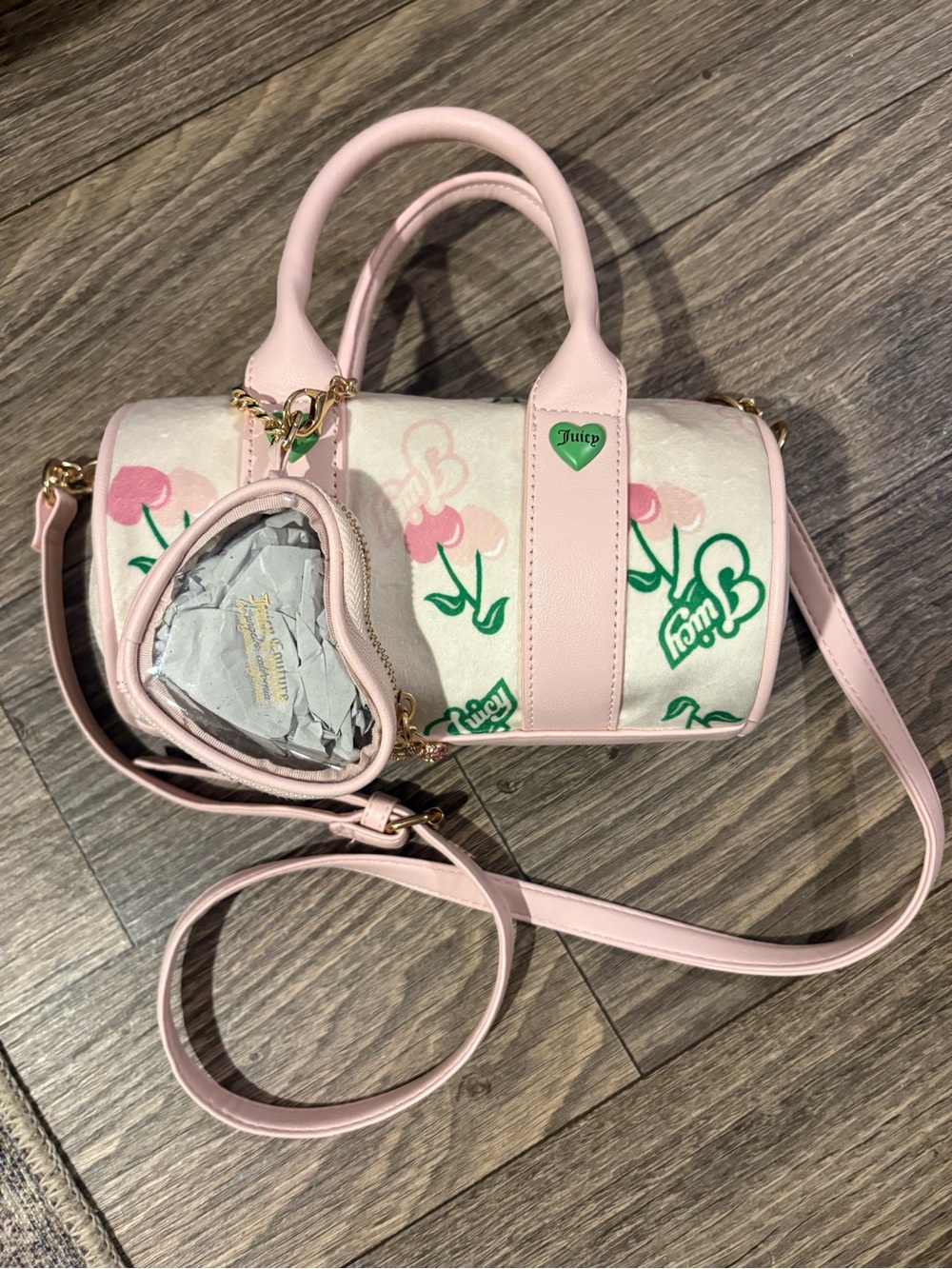 Juicy Couture Pink Floral Barrel Bag with Green Accents
